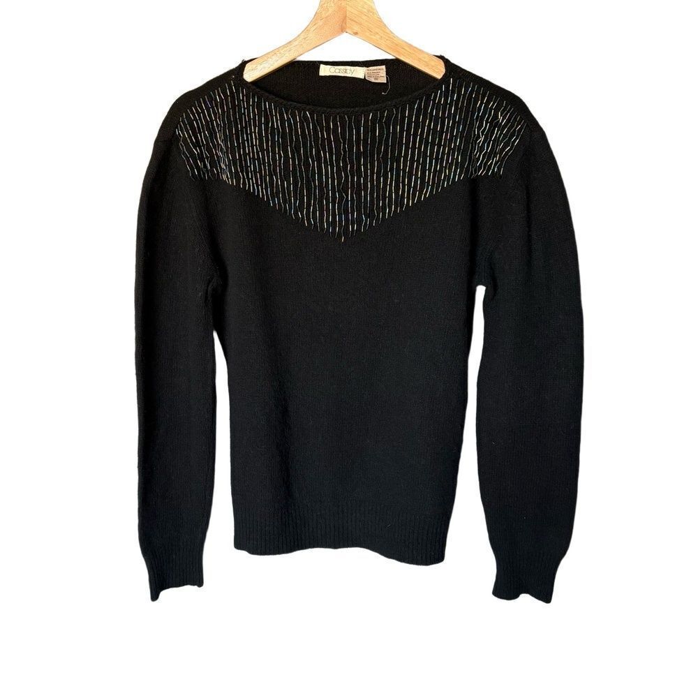 Vintage Cassidy Sweater Wool Angora Size M Black Beaded Knit Iridescent Glam